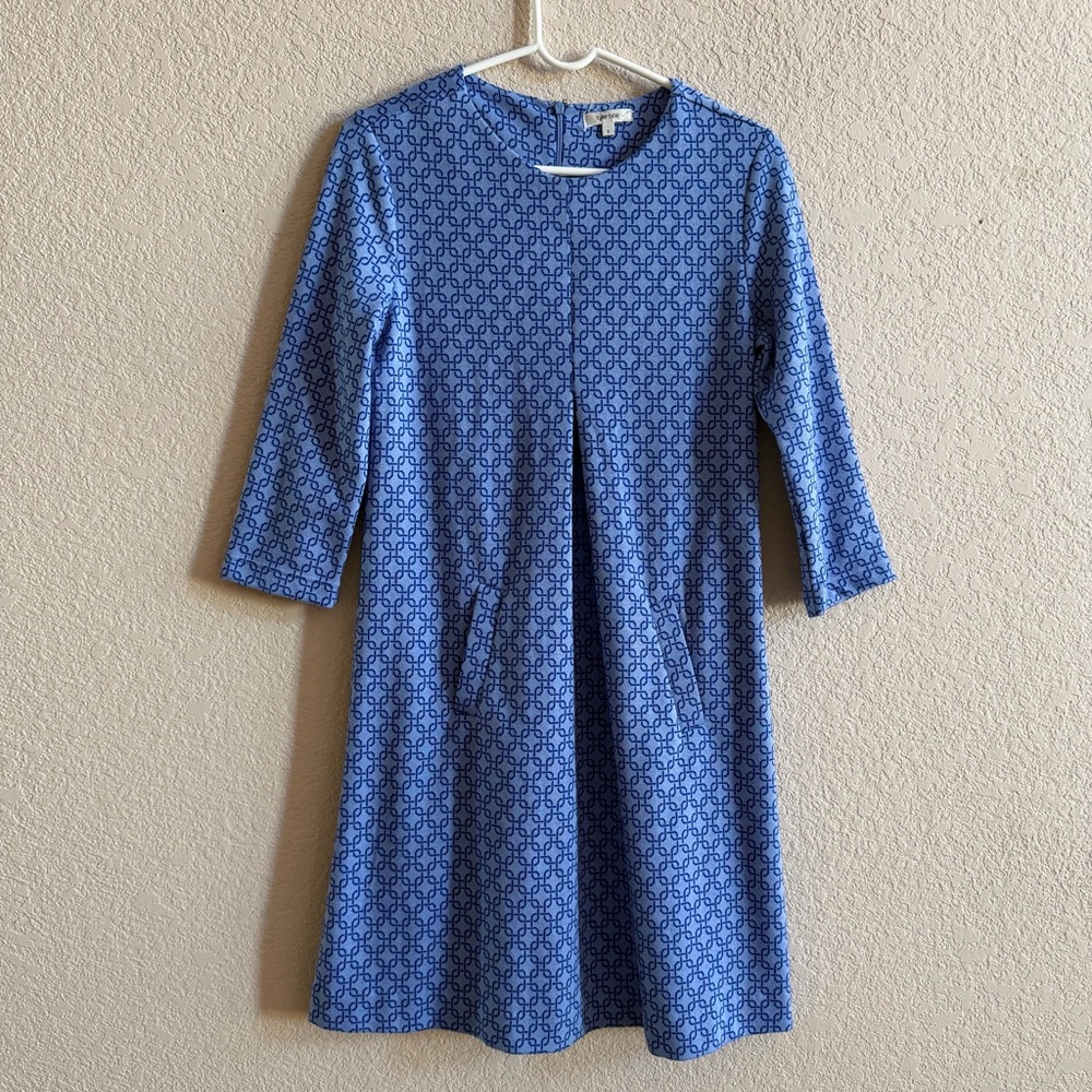 Tyler Boe Women’s Size Small Blue Geometric Print Dress Crewneck 3/4 Sleeve Soft